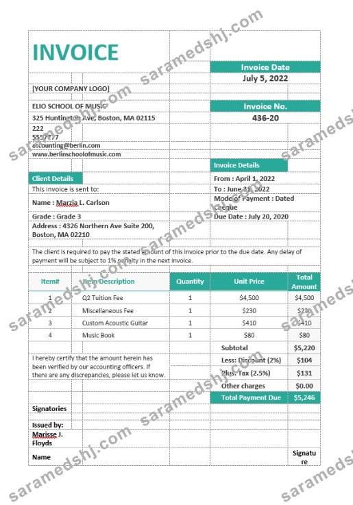 Music School Invoice Template